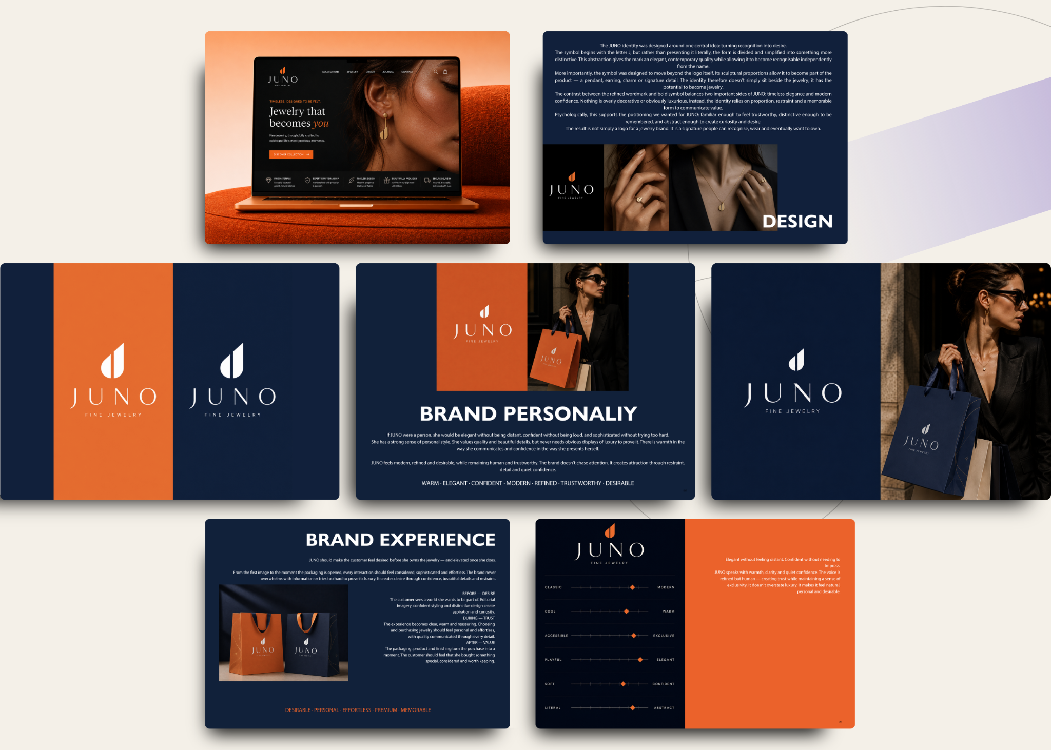 JUNO customer-ready brand presentation showing digital, identity and packaging applications