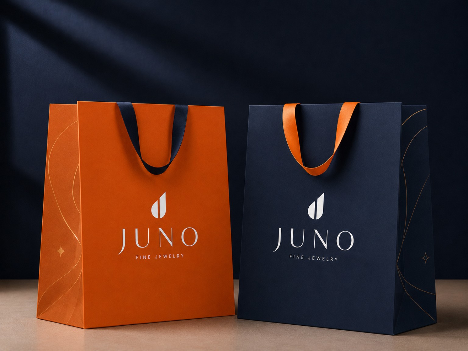 JUNO orange and navy jewellery packaging featuring the signature J mark